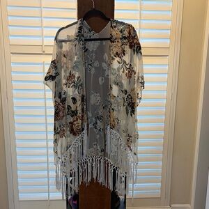 Floral Fringe Sheer Kimono Cover-Up - Ivory with Brown & Green Floral